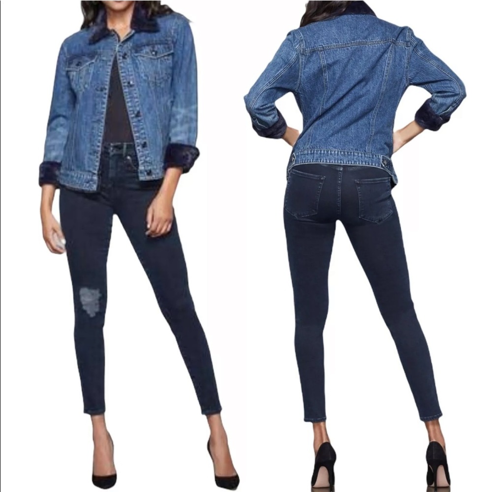 Good American The Faux Fur Lined Blue Denim Jean Jacket Women's US Size 4 $225